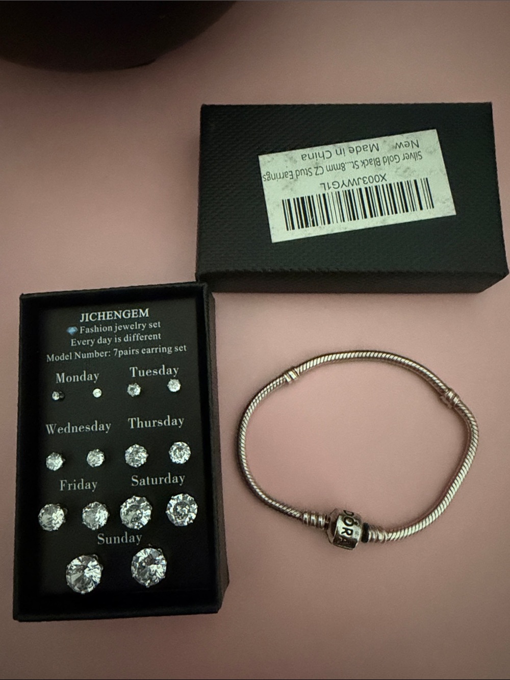 Pandora bracelet and 7-Pair Crystal Earring Set - Silver